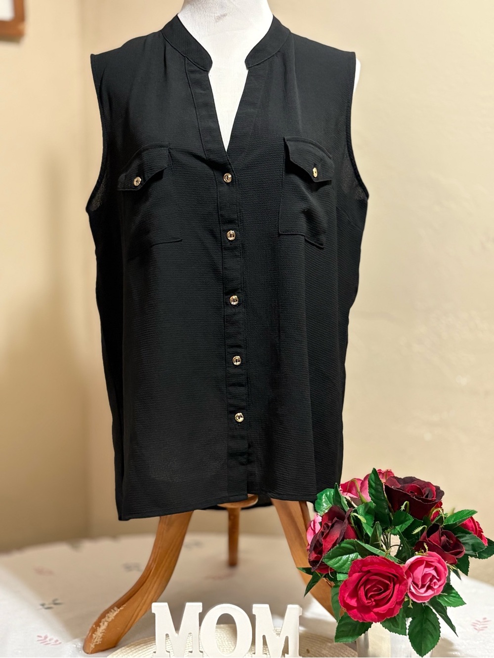 Zenobia Black Textured Shell Top with Gold-Tone Buttons